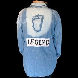 Upcycled Denim bleached Bigfoot or Sasquatch footprint button down shirt.